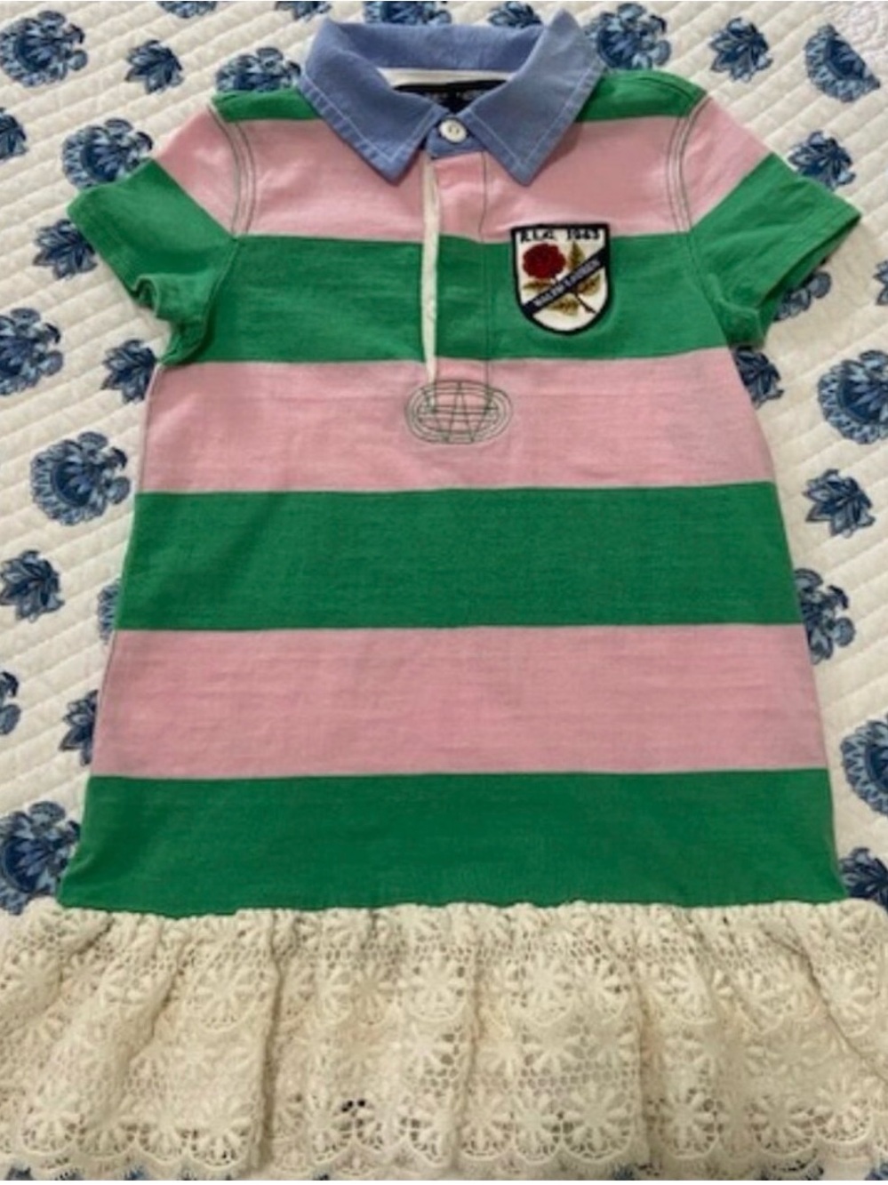 Kids Striped Polo Dress - Pink & Green with Lace Trim and Polo floral Tee